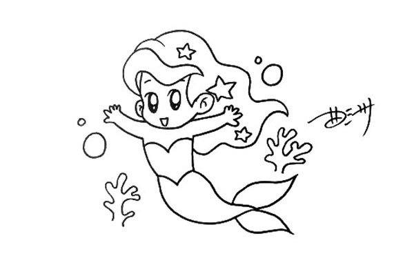 5.画出大大的鱼尾巴，再加上一些简单的珊瑚和气泡。