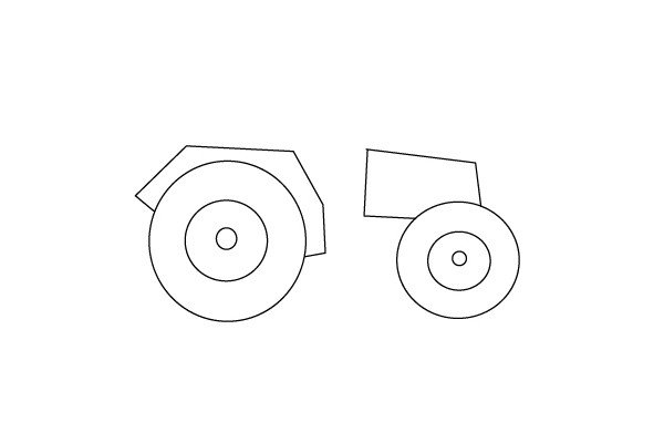 3.在前轮上方画一个四边形，作为拖拉机的车头，后轮上方用不规则的线条，画出拖拉机后轮的挡泥板。
