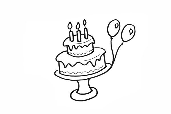 10.在把蛋糕装饰一下.旁边画两个气球。