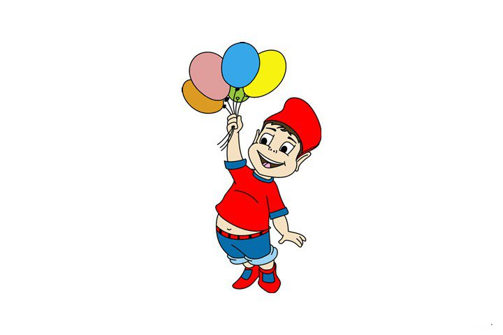 拿着气球的小男孩简笔画「带颜色」