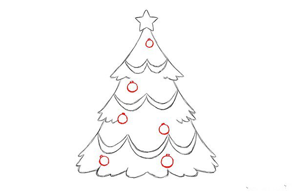 6.在树上画一些小圆圈，作为圣诞的装饰品，注意的是不要画的太密集，要留出足够的空间，我们还要画其他的装饰品。