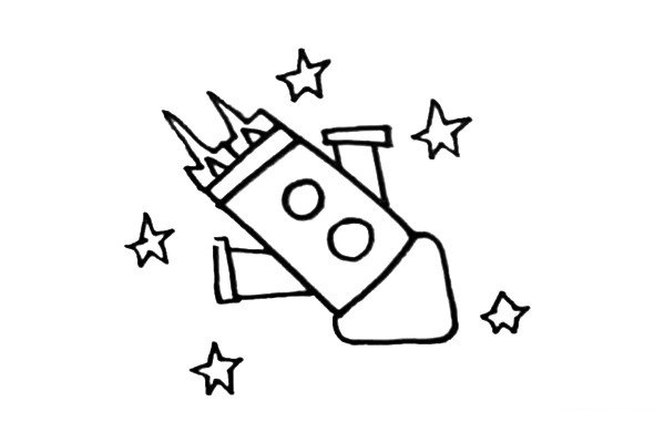 第六步：在小火箭周围画上五角星的装饰物。