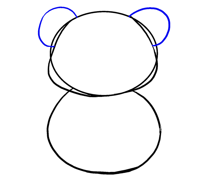 4、在头部两侧围上一个半圆，画出耳朵。每只耳朵用一条曲线。