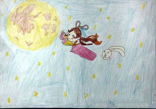 中秋节儿童画彩色铅笔画图片：嫦娥奔月