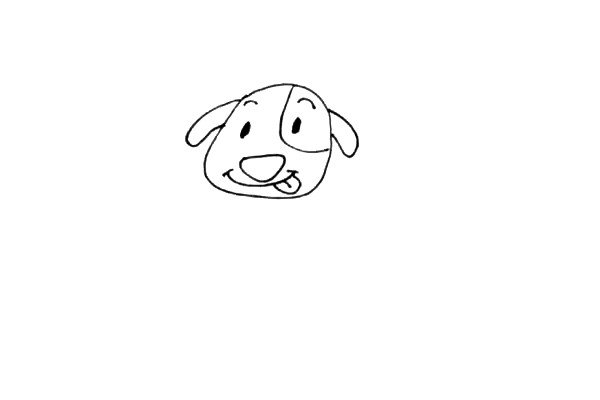 第三步：画上小狗大大的嘴巴和吐出来的舌头，还有三角形的鼻头和软软的耳朵。