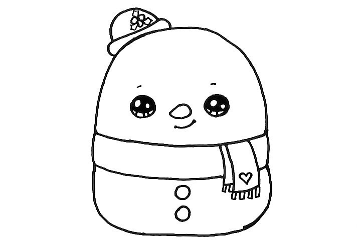 6.在雪人的身体上画上两粒扣子，再给围巾画一个爱心装饰吧。
