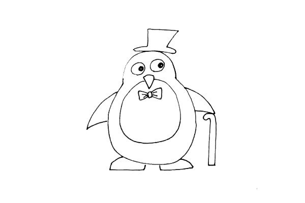第六步：企鹅先生的身体画好后，给他加上高礼帽，拐杖，和小小的蝴蝶结。