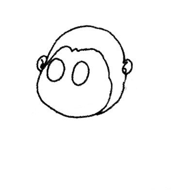 2.再沿着脸画出头的形状，画一对小耳朵和一双大眼睛