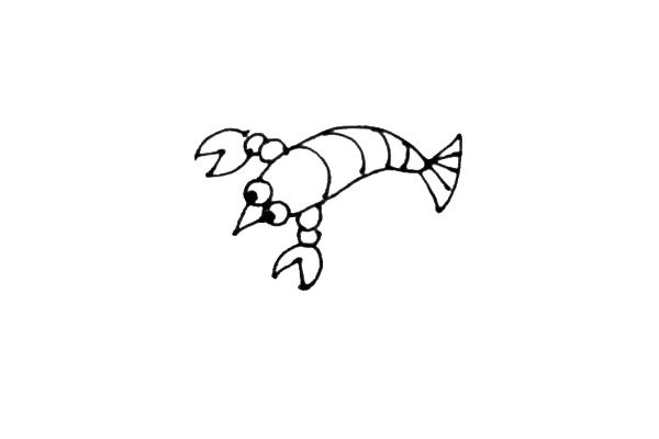 第四步：接着画上小龙虾的爪子，先画上两个小圆，再画上尖嘴钳。
