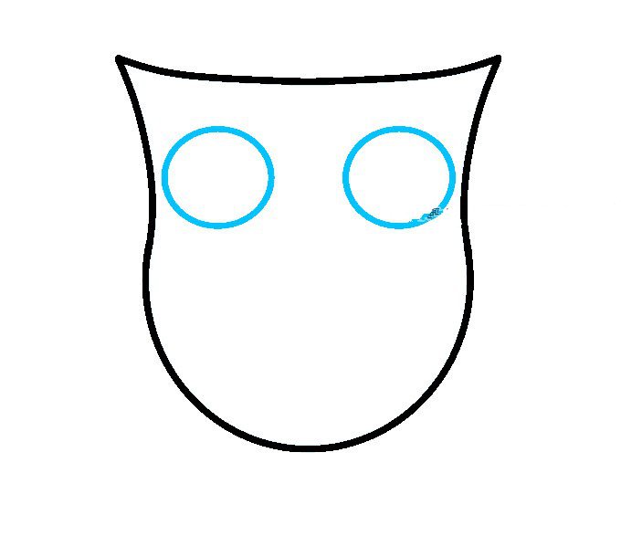步骤3：在头部的顶部画两个圆圈。尽量保持这些圆尽可能对称，这是猫头鹰的眼睛。
