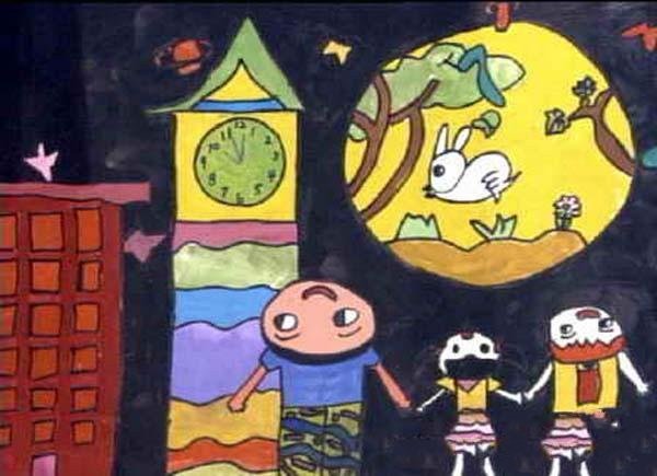 幼儿园小班中秋节儿童画图片：一家齐赏月