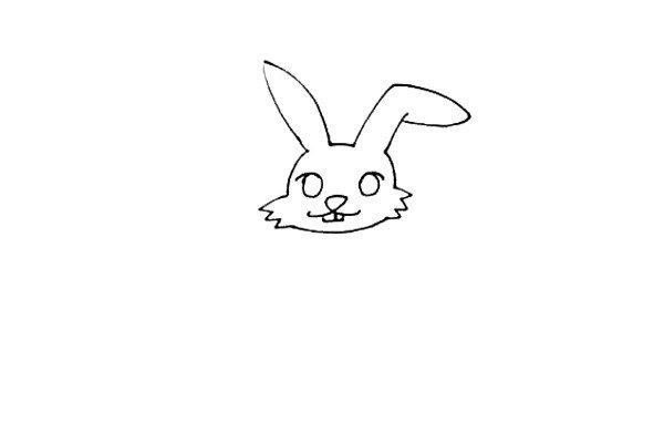 第三步：给小兔子画上可爱的五官，大大的眼睛，三角鼻头和两颗大门牙。