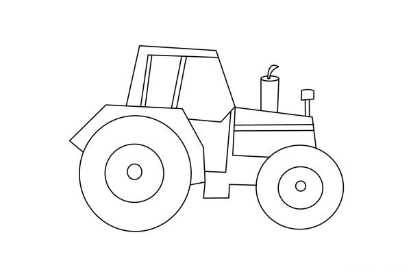 7.最后一步是细节的完善，画出拖拉机的车窗线条及车声的装饰线条，这样我们简单的拖拉机简笔画就完成了。