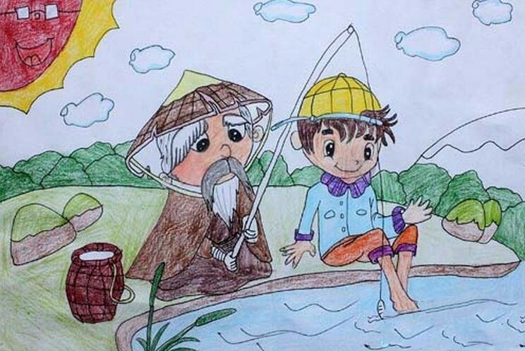 和爷爷一起去钓鱼重阳节儿童画图片欣赏