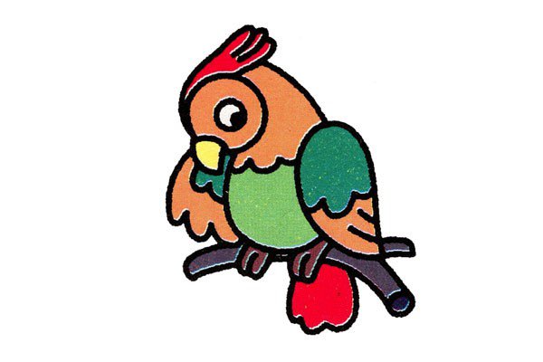 步骤四：最后就是上色的步骤啦~ 小鹦鹉的羽毛是绿色和黄色的 头上有红红的冠 枝丫是褐色的哦~