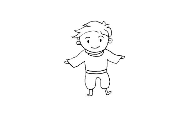 第四步：先画上小王子的裤子，再画上他张开的手臂和长长的腿。