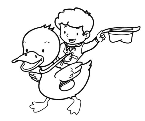 小男孩骑鸭子