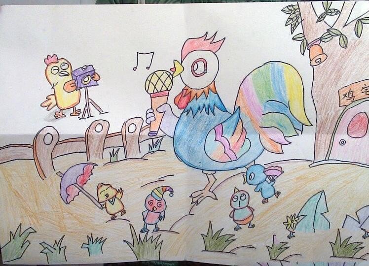 快乐的鸡爸爸和小鸡仔们儿童彩铅画教师范画欣赏