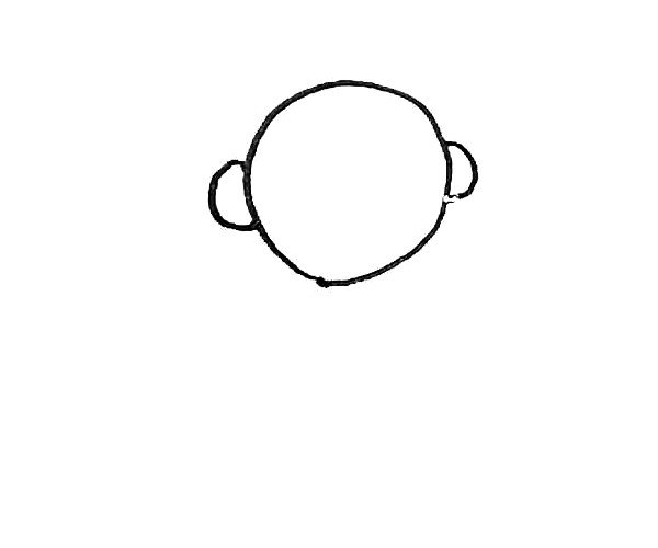 第二步：在两边画上半圆形来表示他的耳朵。