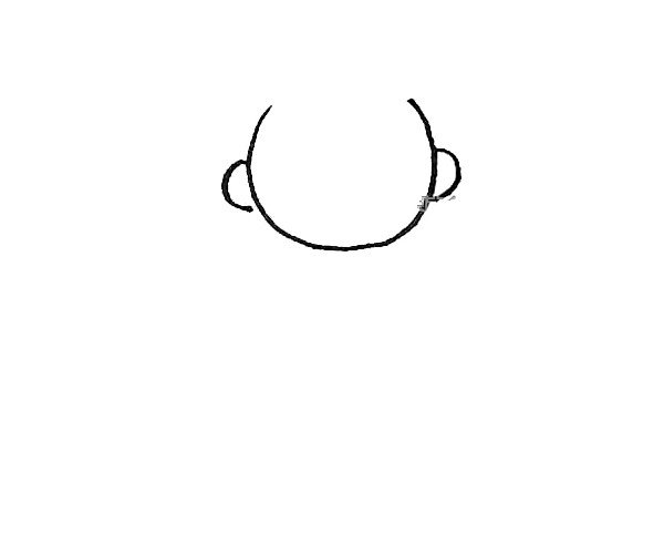 第一步：先画上一个大的半圆作为脑袋，两边用小的半圆作为耳朵。