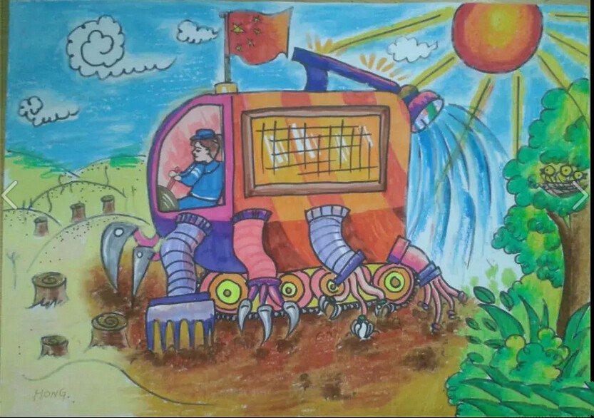 多功能挖掘机,国庆节主题儿童画作品欣赏