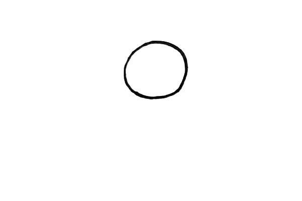 第一步：先画上一个大大的圆来表示雪人的头部轮廓。