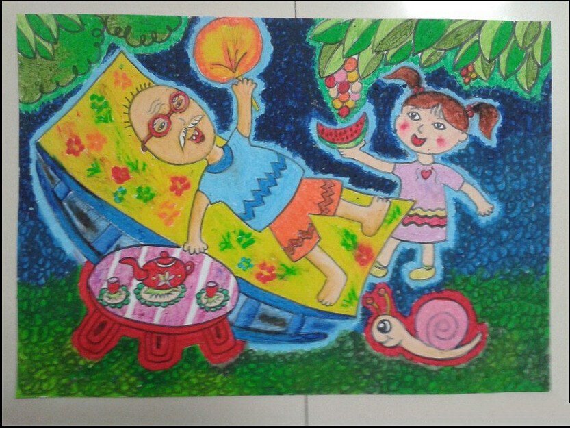 我和我的爷爷,重阳节主题儿童画作品欣赏