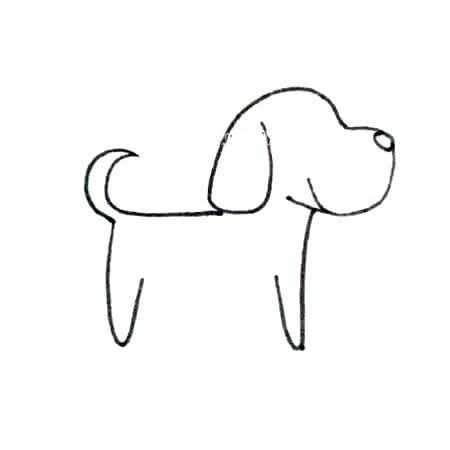 第三步：画出斑点狗的身体部分，上翘的小尾巴像钩子一样，小狗开心的时候就会翘尾巴摇晃着。画出前面的一条腿和后面的一条腿。