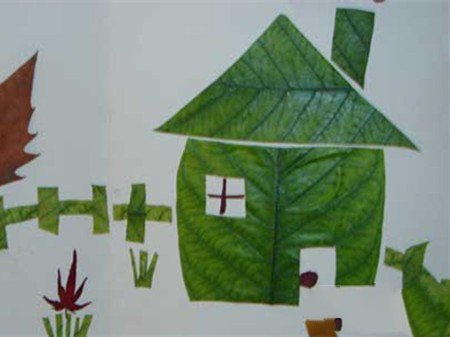 树叶贴画作品：未来的房子