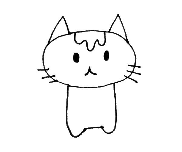 第四步：在两边画下来一条弧线，连接起来，画出小猫的身体。