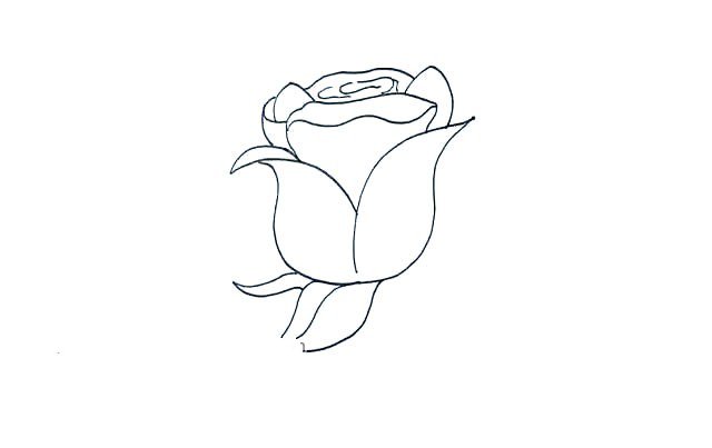 第六步：在花朵左下方画出玫瑰花叶子.注意叶子不要太长。