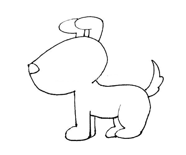 第五步：再给小狗画上摇摆的尾巴，耳朵和小鼻子。