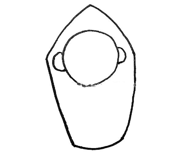 第三步：外面，先画上一个尖尖的形状，下面画上一个方形作为襁褓的外形。