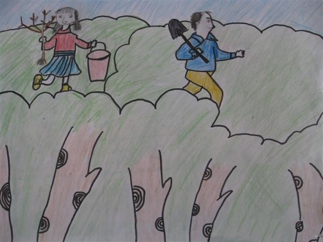 植树节小学生绘画-我和爸爸去植树