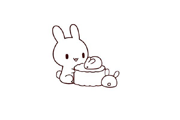 6.给两个小兔子画上耳朵和尾巴。