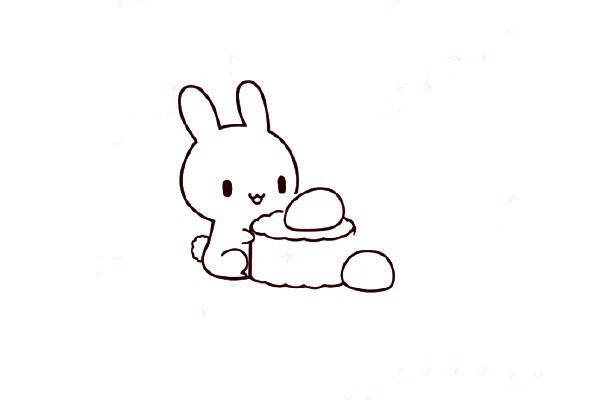 5.在月饼周围画两个小椭圆，用来作为另外两只小兔子的身体。
