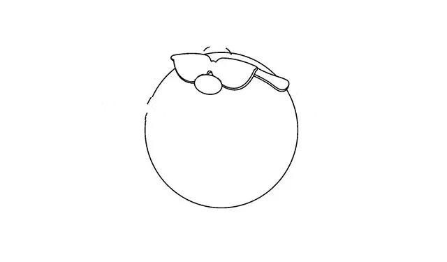 第二步  接着在圆上画出太阳的鼻子，椭圆的鼻子，在鼻子上面画出它的眼镜，在眼镜上面画出太阳的眉毛。