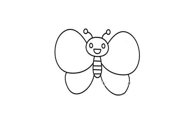第四步  然后画出蜜蜂的翅膀，两边也是对称的，边角有弧度，圆圆的，上面的翅膀要比下面的翅膀大