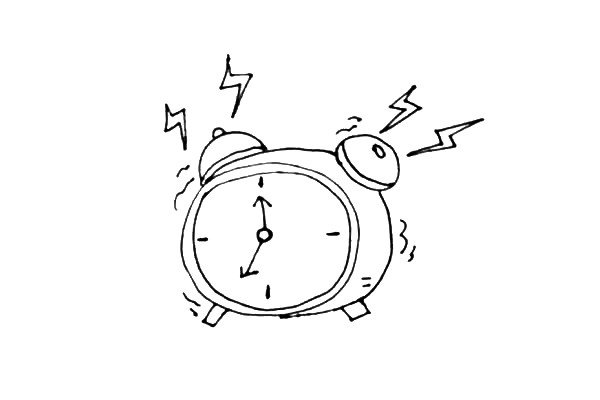 第六步：在小闹钟旁边画上一些小的波浪线和小闪电表示闹钟发出的响声。