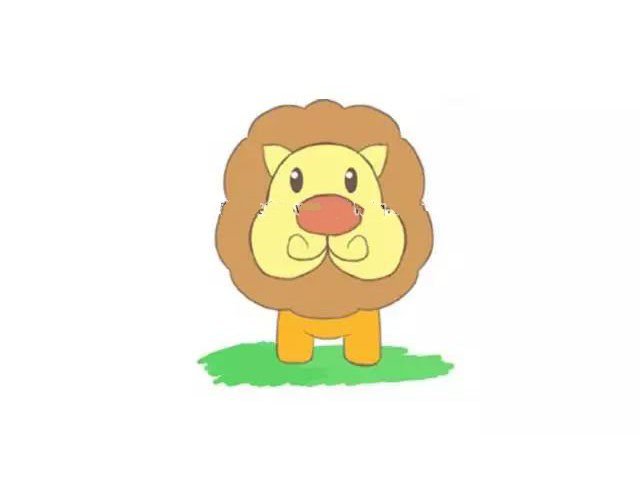 第六步  最后给站在绿色草坪上的小狮子添上颜色，草坪是绿色的，狮子的鼻子是砖红色，脸部以黄色为背景色，脑袋附近的毛发用棕色画笔描绘，身体部分用姜黄色涂画。