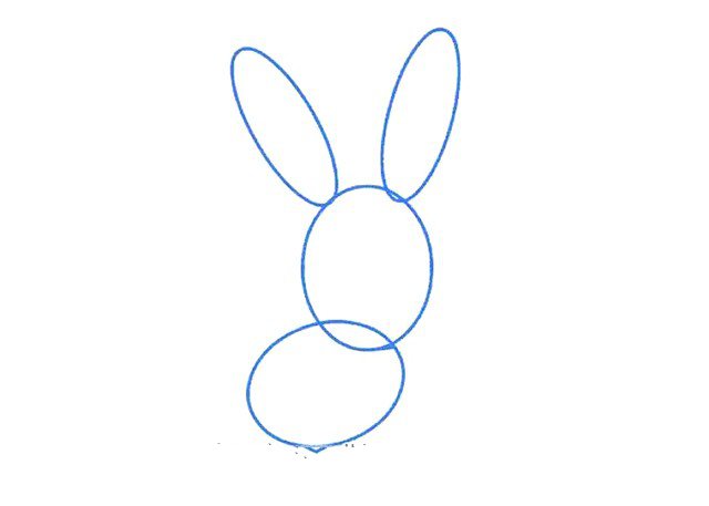 第一步：画4个不同形状的椭圆，组合成小兔子的身体轮廓。
