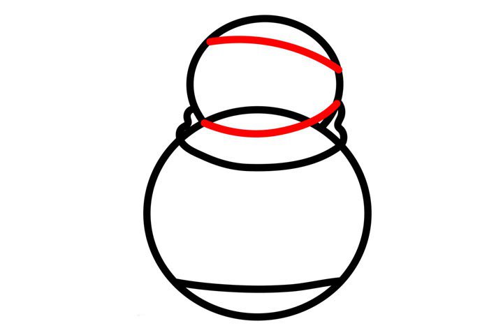 4.头部的圆上画两条弧线，一条是帽檐的位置，一条作为围巾的上边轮廓。