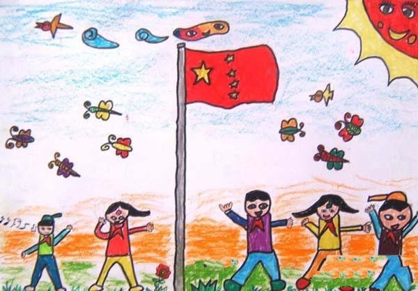 小学三年级国庆节儿童画图片：国旗下的歌唱