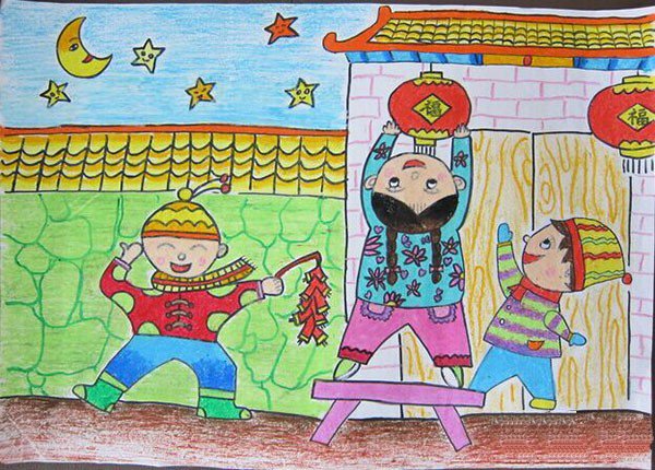 2017年儿童画过新年的图画