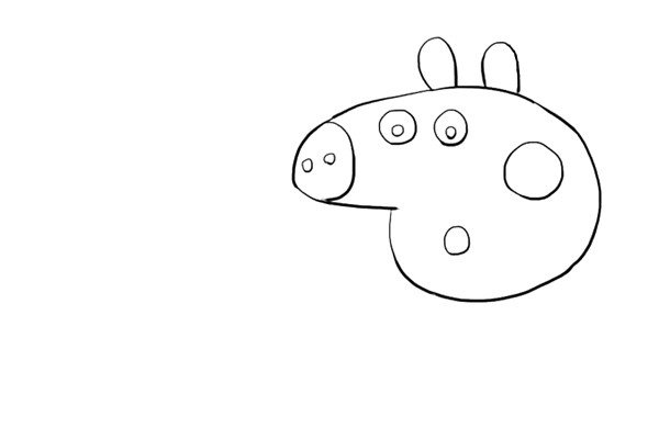 2.接着画小猪佩奇的眼睛、鼻子、嘴巴和耳朵。