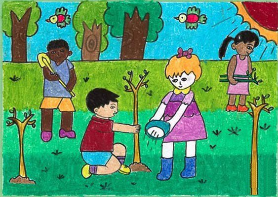 关于植树节的儿童画-齐心协力来植树
