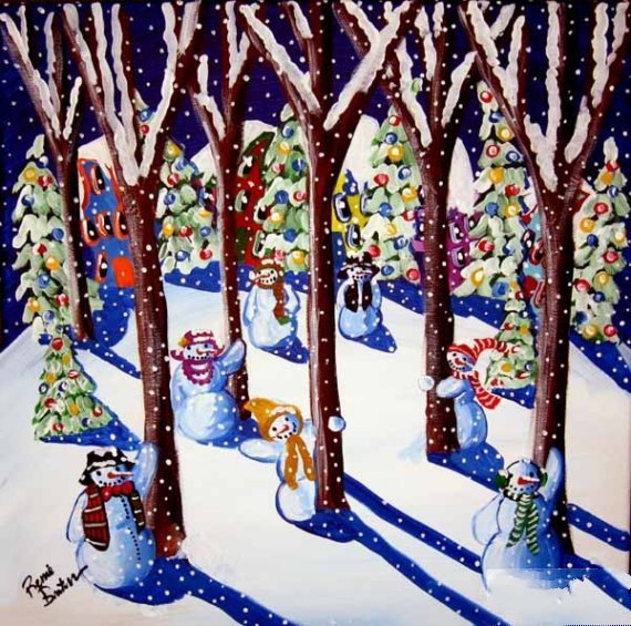 树林里的小雪人关于冬天的画画图片