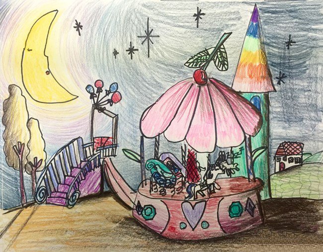 六一儿童画作品之游乐场的夜晚静悄悄