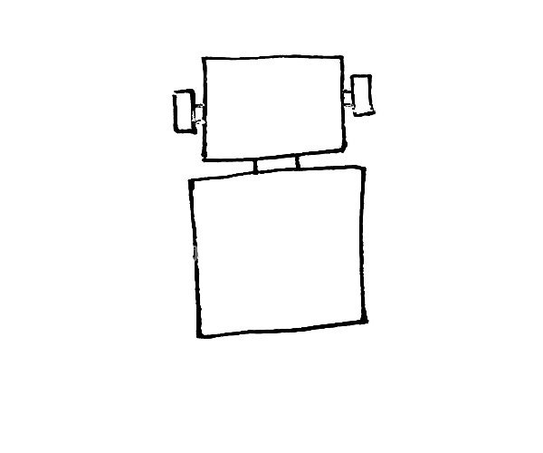 第二步：在上面的方形旁边画上两个小的长方形作为耳朵，并且连接起来。