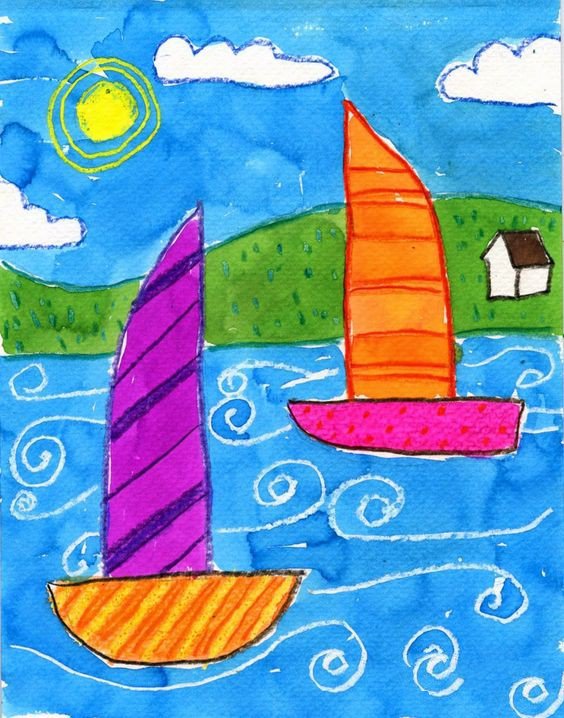 湖面上的小帆船国外小朋友水彩画作品欣赏